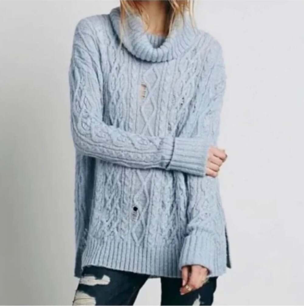 Free People Complex Distressed Cable Knit Cowl Neck Sweater in Light Blue size M